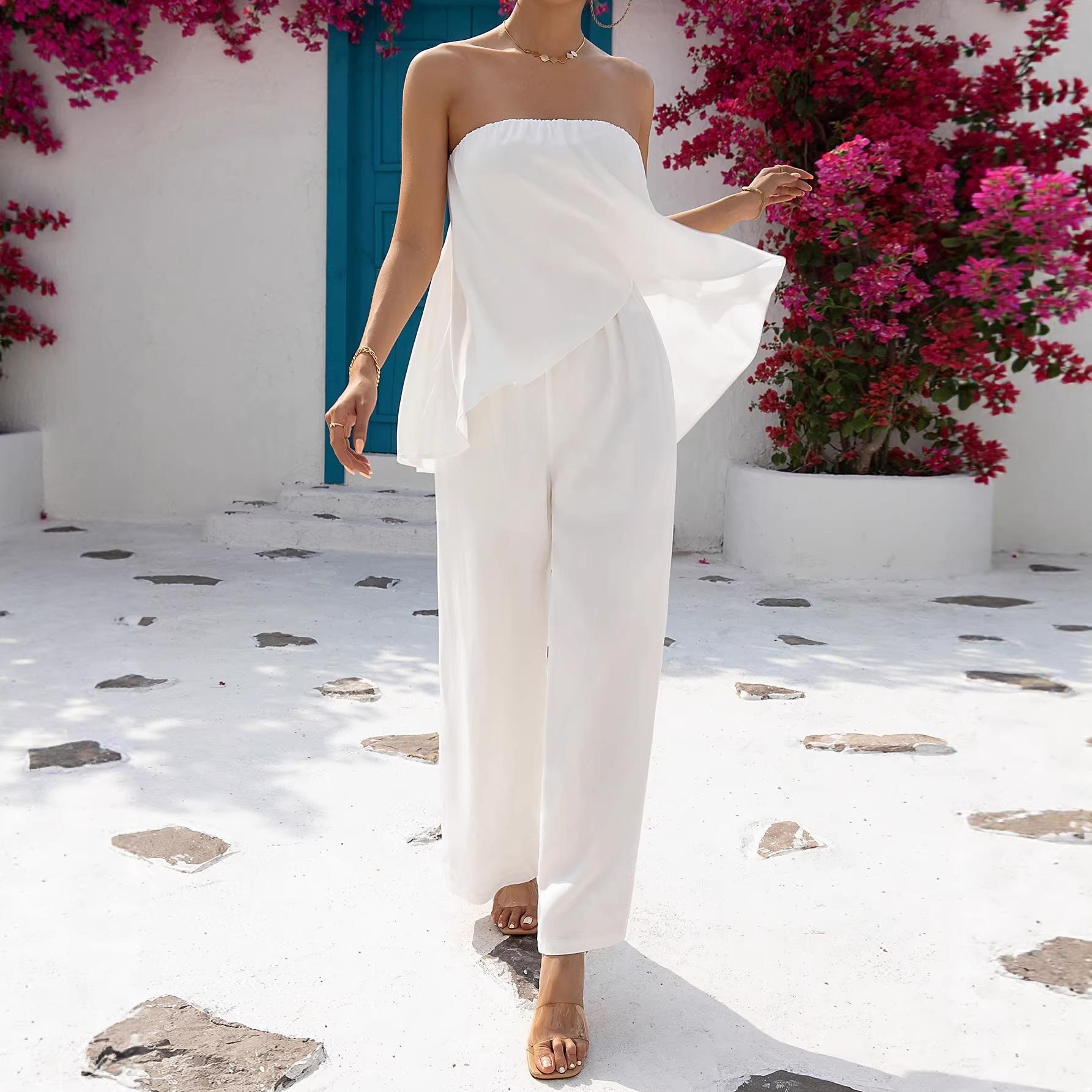 European and American women s clothing summer fashion casual irregular tube top skirt swing jumpsuit S белый