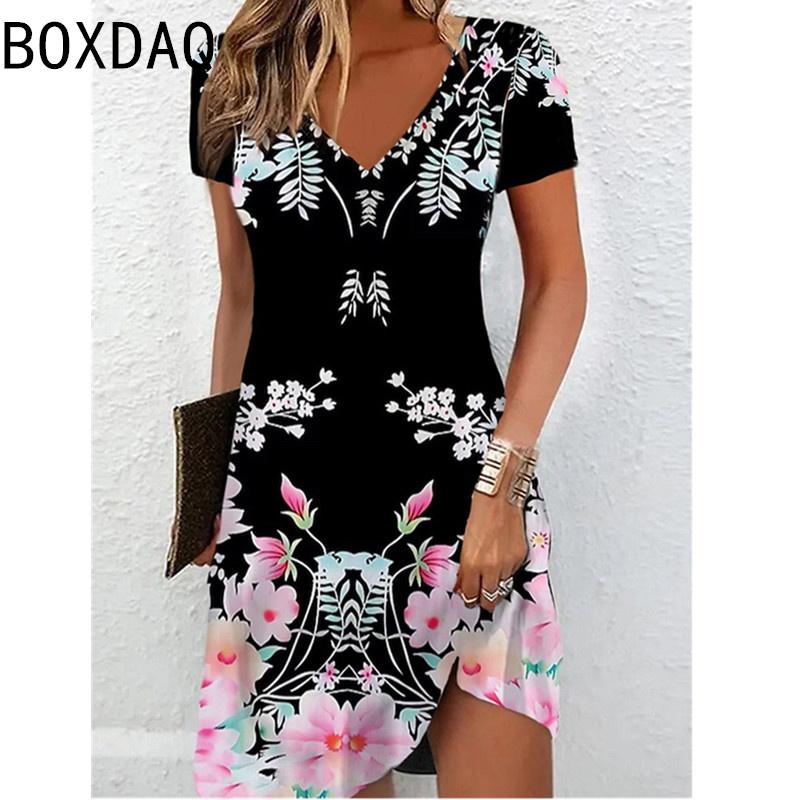 3D Vintage Elegant Ethnic Style Printed Dress Oversized Short Sleeve V-Neck Casual A-Line Knee-length Dress Vestidos