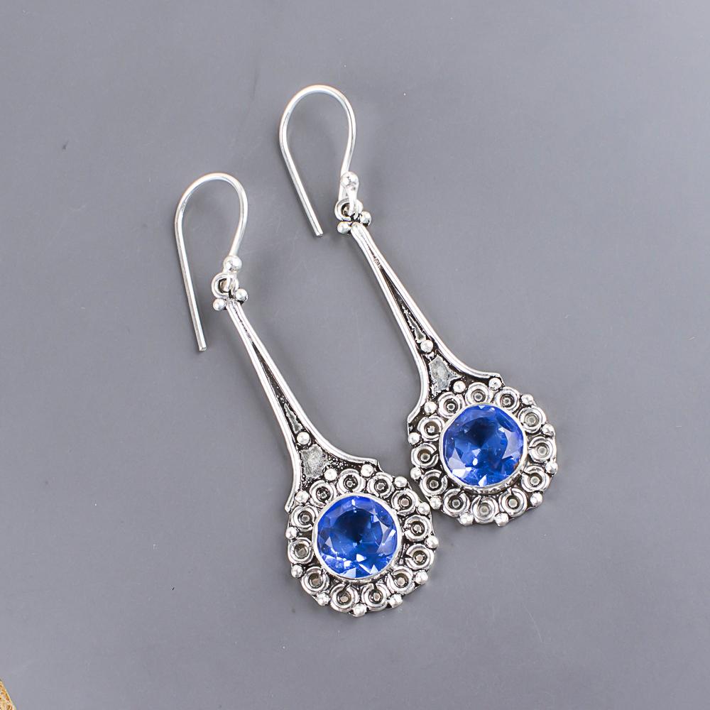 

Серьги ручной работы с драгоценными камнями танзанит, серьги из цельного серебра 925 пробы, антикварные ювелирные изделия, серьги для подарка на помолвку 2.52 Inches синий