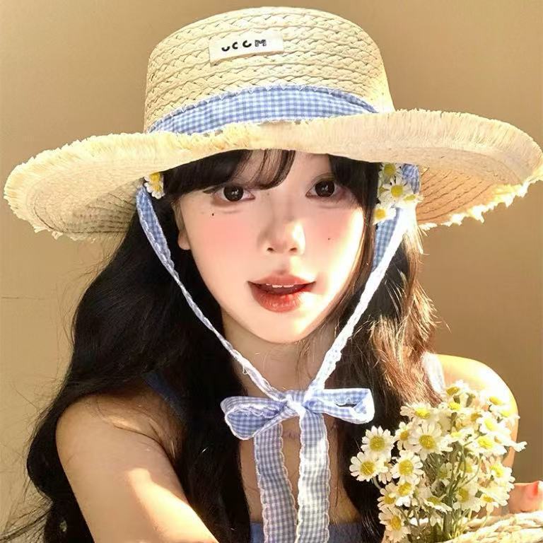 Summer bow raffia big brim straw hat women's new summer outdoor seaside beach sunshade sun hat