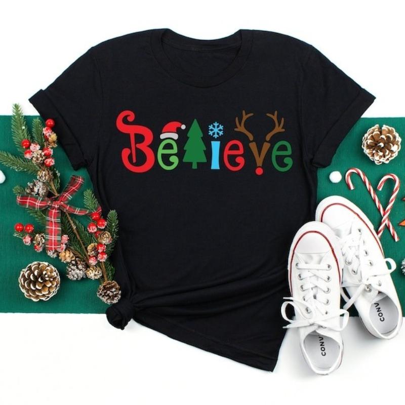 Believe Christmas Cotton Tshirt Family Believe Holiday Gift Matching Shirt Men and Women Crew Neck Casual Fashion Comfortable