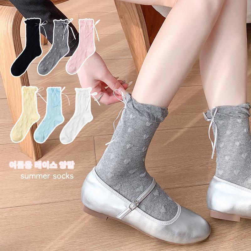 

Female Spring and Summer Thin Model Lovely Ribbon Bow Pile Pile Cotton Socks 1 pair рожевий