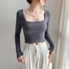 Square-Collar Women's Top: Autumn/Winter, Long Sleeve, Versatile, Cropped, Exposed Midriff, New Style