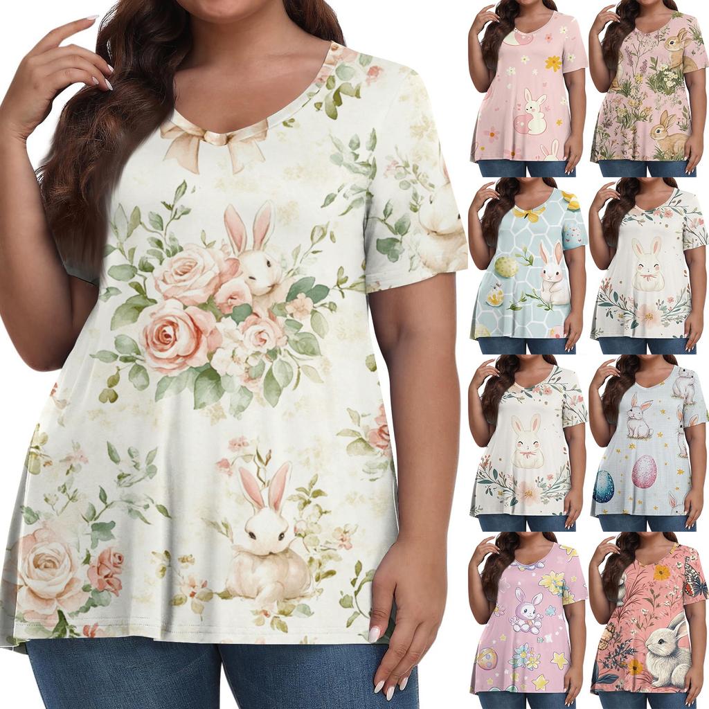 Women's Fashion Casual V-Neck Pullover Short Sleeve Large Size Easter Printed Top