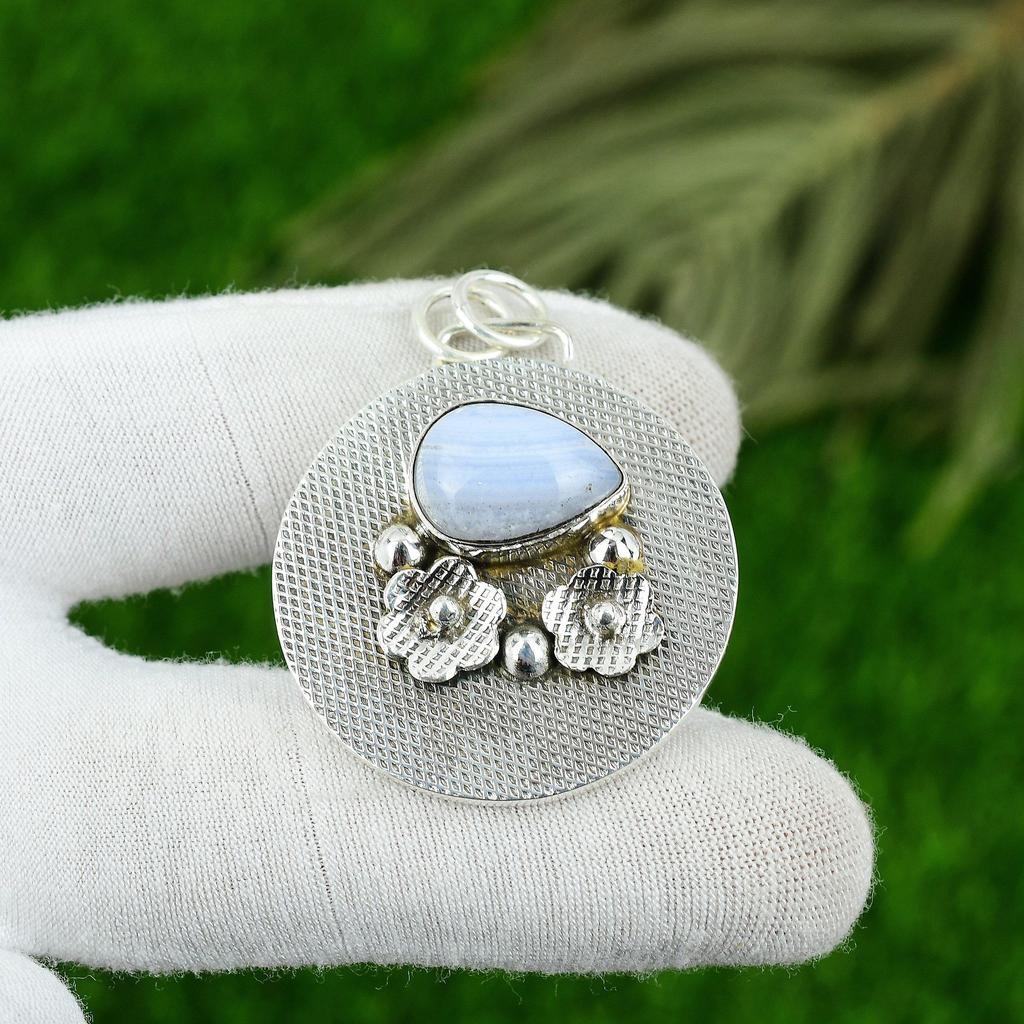 Geburtstagsgeschenk für sie Naturblauer Spitzenachat Edelsteinanhänger 925 Silber