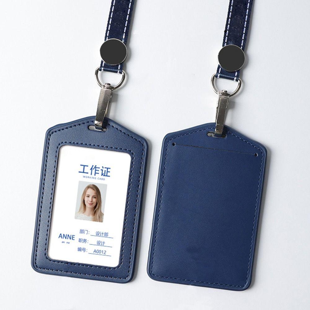 High Quality Genuine Leather Work Card Holder With Neck Lanyard Solid Color ID Badge Holders Office Worker Supplies