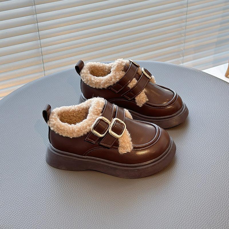 Girls Children Winter Warm Thickened Fleece Lined Casual Leather Shoes