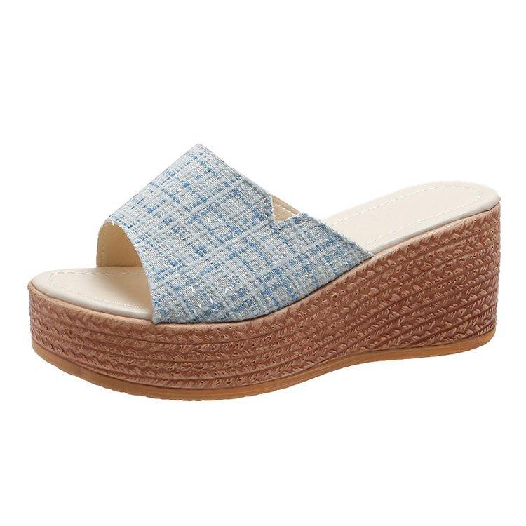 

Большого размера шлепанцы на танкетке, крутые, 2025 лето, новая носка, тканевый верх в стиле Сяосянфэн, шлепанцы на толстой подошве-маффине с перемычкой 34 синий