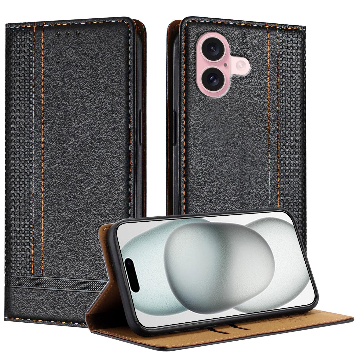 

For iPhone 16 Case L-Shaped Grid Pattern Leather Stand Phone Cover with Card Slots Black