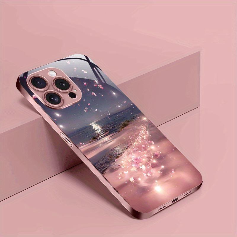 Růžový Květ Stříbrný Plážový Vzor Metalická Barva Skleněné Pouzdro na Telefon Pro iPhone 17 16 15 14 13 12 11 Pro Max 15 Plus 17Air 16E Kryt