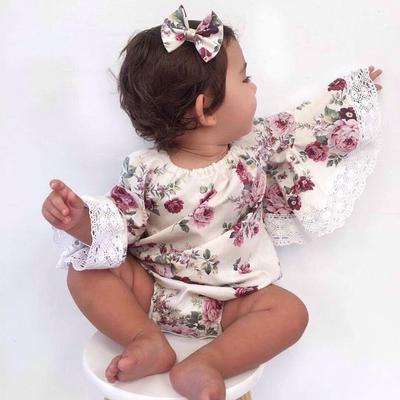 Newborn Baby Girls Long Sleeve Floral Printed Bodysuit+Flouncing Pants+Headband