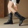 Retro square head embroidery thick heel western boots low heel medium boots autumn and winter new women's boots large size boots
