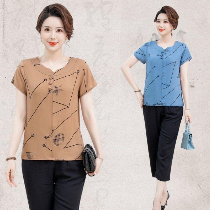 Mom's New Chinese Style Plus Size Loose T-shirt: Stylish Summer Short-Sleeved Top for Middle-Aged Women