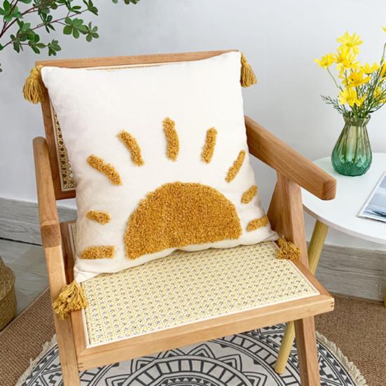 Embroidered Pillowcase Tufted Embroidery Cushion Cover with Tassels Cotton Linen Decorative Pillow