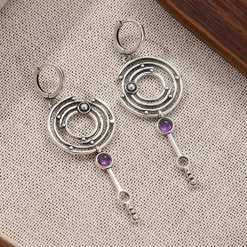 1 Pair of Vintage Copper Craftsman Earrings Inlaid with Artificial Purple Moonstone for Women's Pendant Earrings