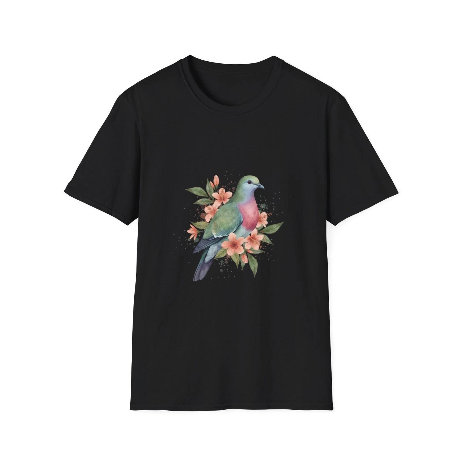 

Bird Floral Watercolor Boho Black T-Shirt Nature Pastel Print Tee S