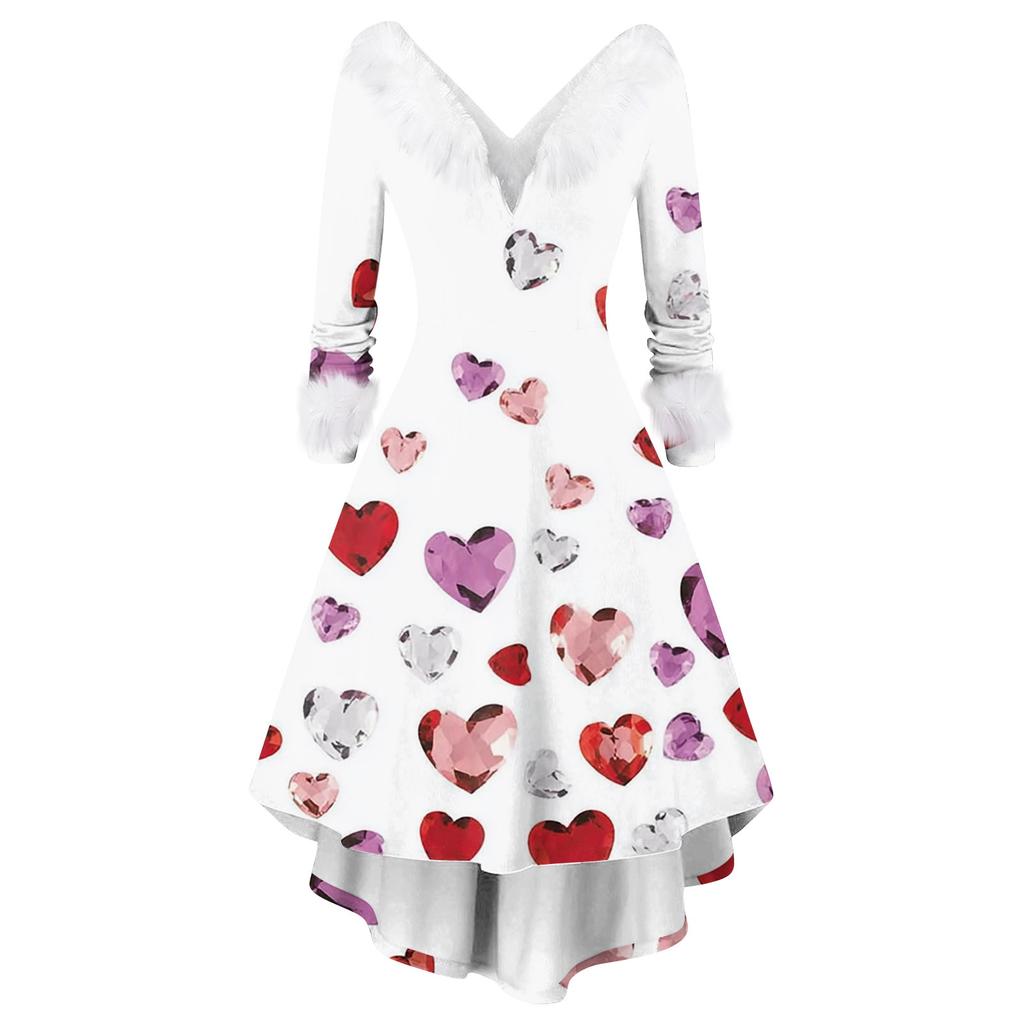Damen stilvolles und elegantes langärmeliges V-Ausschnitt Kleid mit Valentinstags-Herzprint