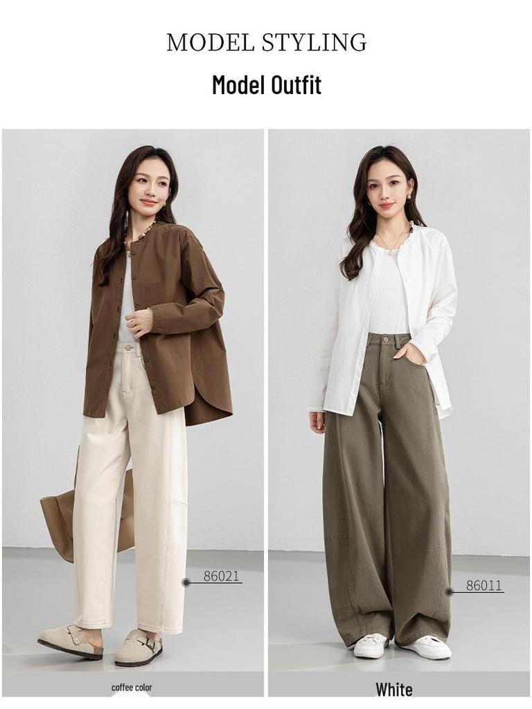 Xin Ge Cotton Loose Casual Long Sleeve Shirt with Beaded Collar