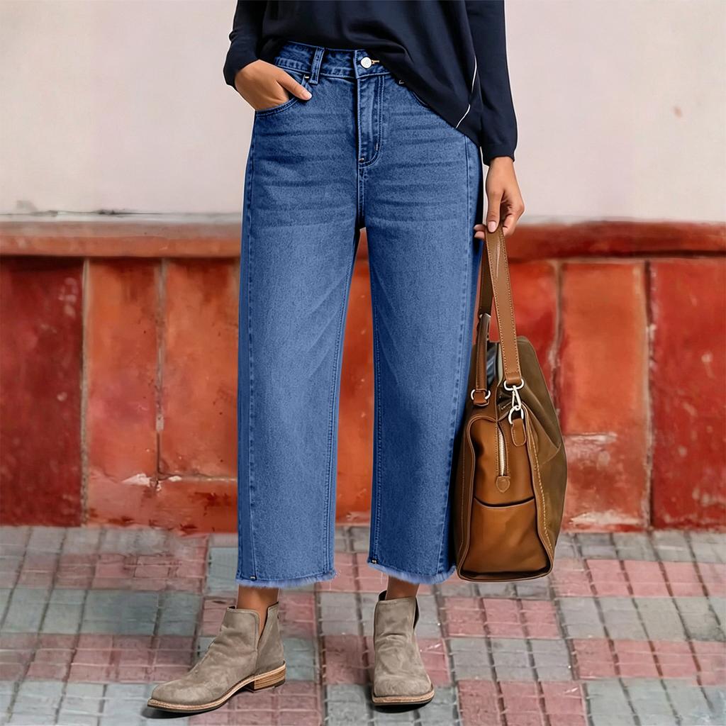 Women's Classic High Waist Denim Jeans Wide Leg Cropped Pants Casual Straight Fit Stretch Fabric Comfortable Design