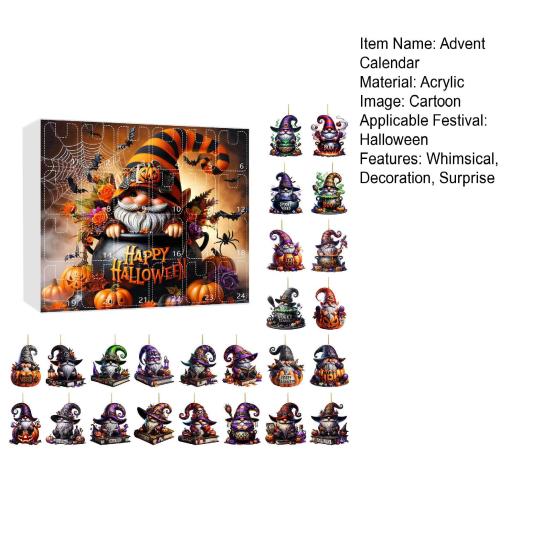 2025 Halloween Wichtel Adventskalender 2D Acryl Hängeornamente Set 24 Tage Countdown-Kalender für Feiertags-Heimdekoration