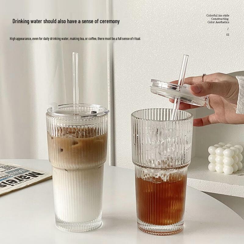 Ins Style 600ML Vertical Stripe Glass Straw Cup