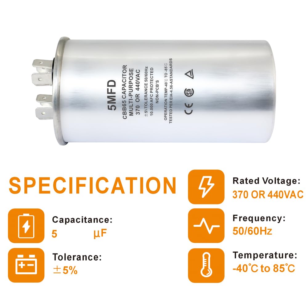 CBB65 Circular Run Capacitor, 450VAC 5 uf/MFD 50/60Hz Round Start Capacitor - Very Suitable for Air Conditioning, Fan Capacitor, Etc. (5 Uf)