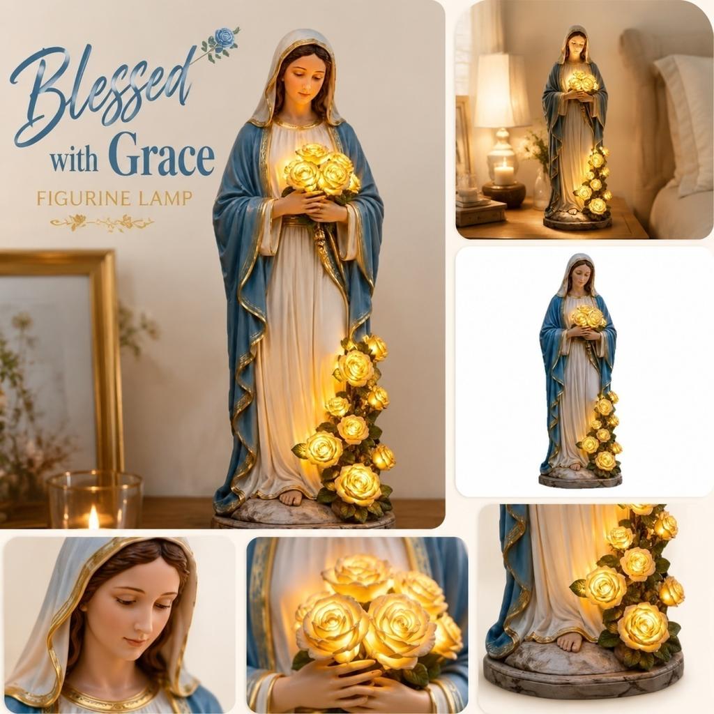 Estatua de Jardín de la Virgen María de Resina con Luz LED Integrada Rosas Decorativa Figura Religiosa para Exteriores para Exhibición en Patio Césped Terraza