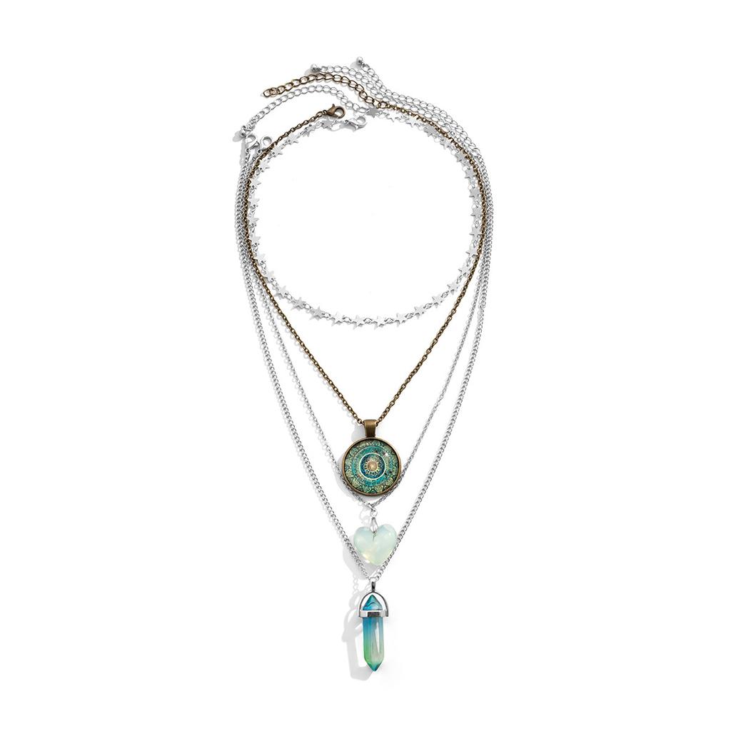 Accessories, long chain crystal column fringed necklace, retro round flower plate heart pendant necklace