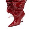 New Wrinkled Patent Leather Pointed High-heeled Stacked Boots with Large Tube Circumference European and American Long Boots