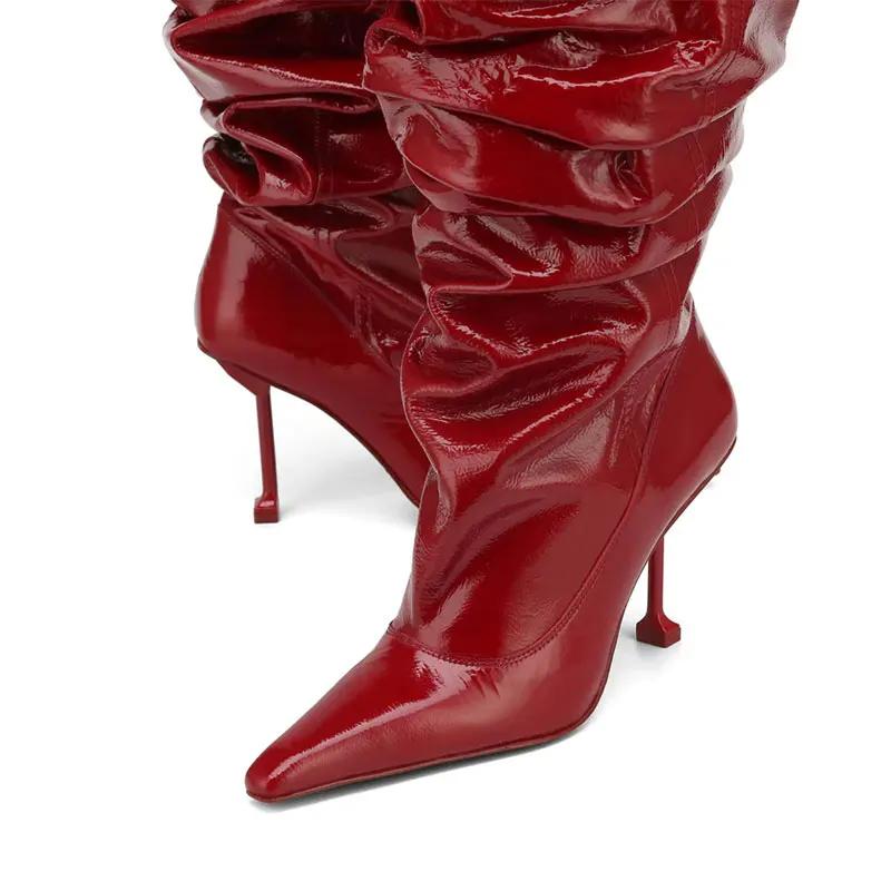 New Wrinkled Patent Leather Pointed High-heeled Stacked Boots with Large Tube Circumference European and American Long Boots