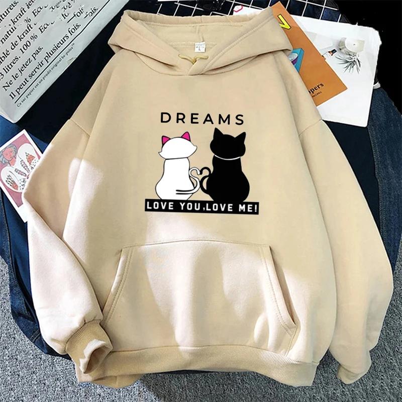 Lover Cats Printed Hoodie Women Casual Oversize Korean Style Fashion O-Neck Long Sleeve Pullover Autumn Winter Fleece Sweatshirt