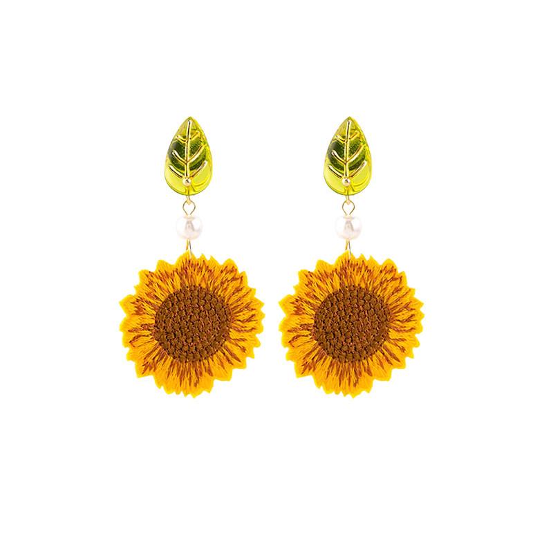 Orecchini Fiore di Girasole: Orecchini a Bottone Stile Foresta con Foglie Piccole per Donna - Clip per Orecchie dal Fascino Pastorale