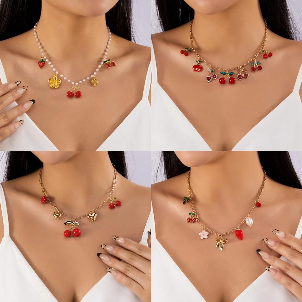 Handcrafted Alloy Necklace With Shell And Cherry Charm For Summer Vacation Wear