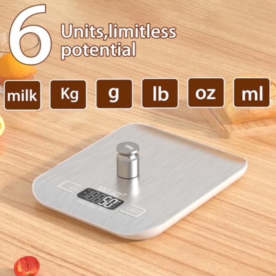 Mini Balance Numérique 10kg/22lb Balance de Cuisine Balance Alimentaire Balance à Café 6 Unités Arrêt Automatique Tare Acier Inoxydable Pile Complémentaire E