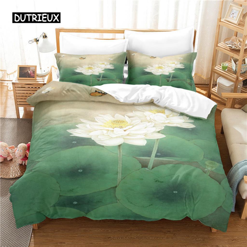 Lotus Floral Duvet Cover King Microfiber Water Hibiscus Bedding Set Flower Leaves Quilt Cover Nature Art Theme Bedspread Cover