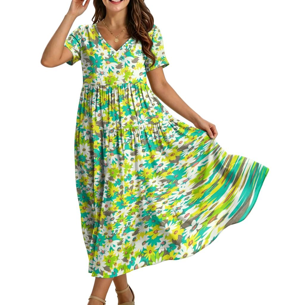 Women Casual Loose Bohemian Floral Dress Krótki rękaw Długa Maxi Summer Beach Swing Dress