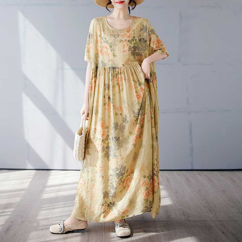 Simple and Fashionable Long Skirt Summer Short Sleeved Round Neck Printed Dress