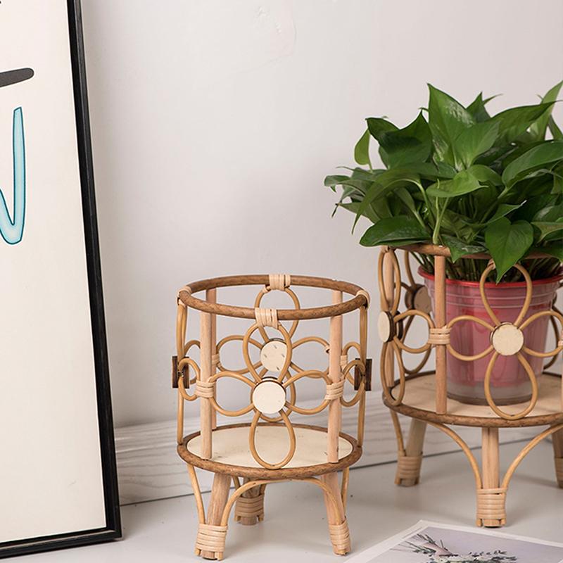 Hollow Flower Stand Hand-Woven Imitation Rattan Plant Tripod Stand Pastoral Flower Baskets Stand Balcony Planter With Wooden Leg
