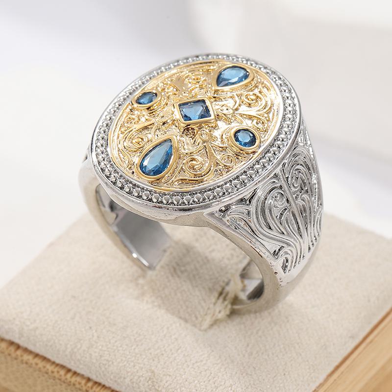 Ethnic Two Color Inlaid Blue CZ Women's Ring Vintage Hand Carving Geometry Daily Wear Party Jewelry Anniversary Gift