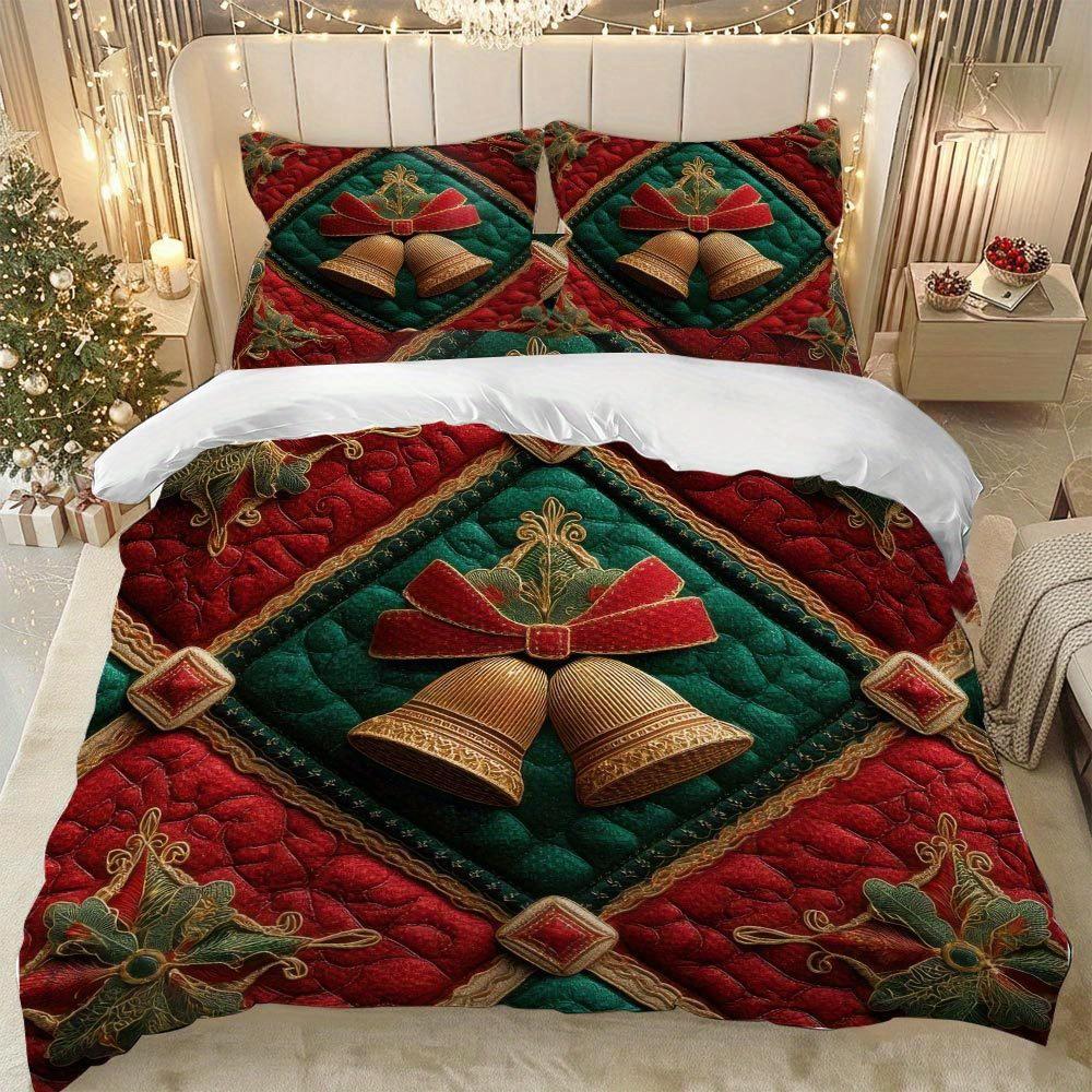 

Lifesmells 2/3Pcs Christmas Bedspread Set - Red/Green/ Holly & Bells Bedding Set, Zippered Winter Comforter Cover Duvet Cover Set&EU Single(135x200cm)