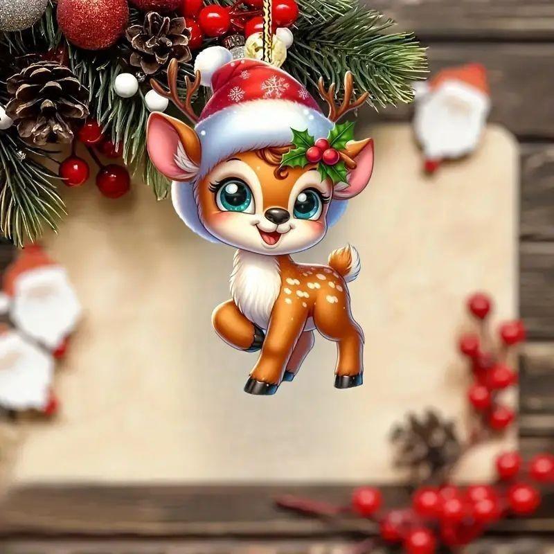 Christmas Acrylic Car Ornament With Deer Tree Motif Rearview Decoration Mirror