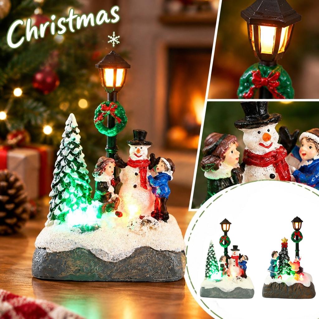 Christmas Decoration Resin House Miniature Lighted Snowman Tabletop Ornament