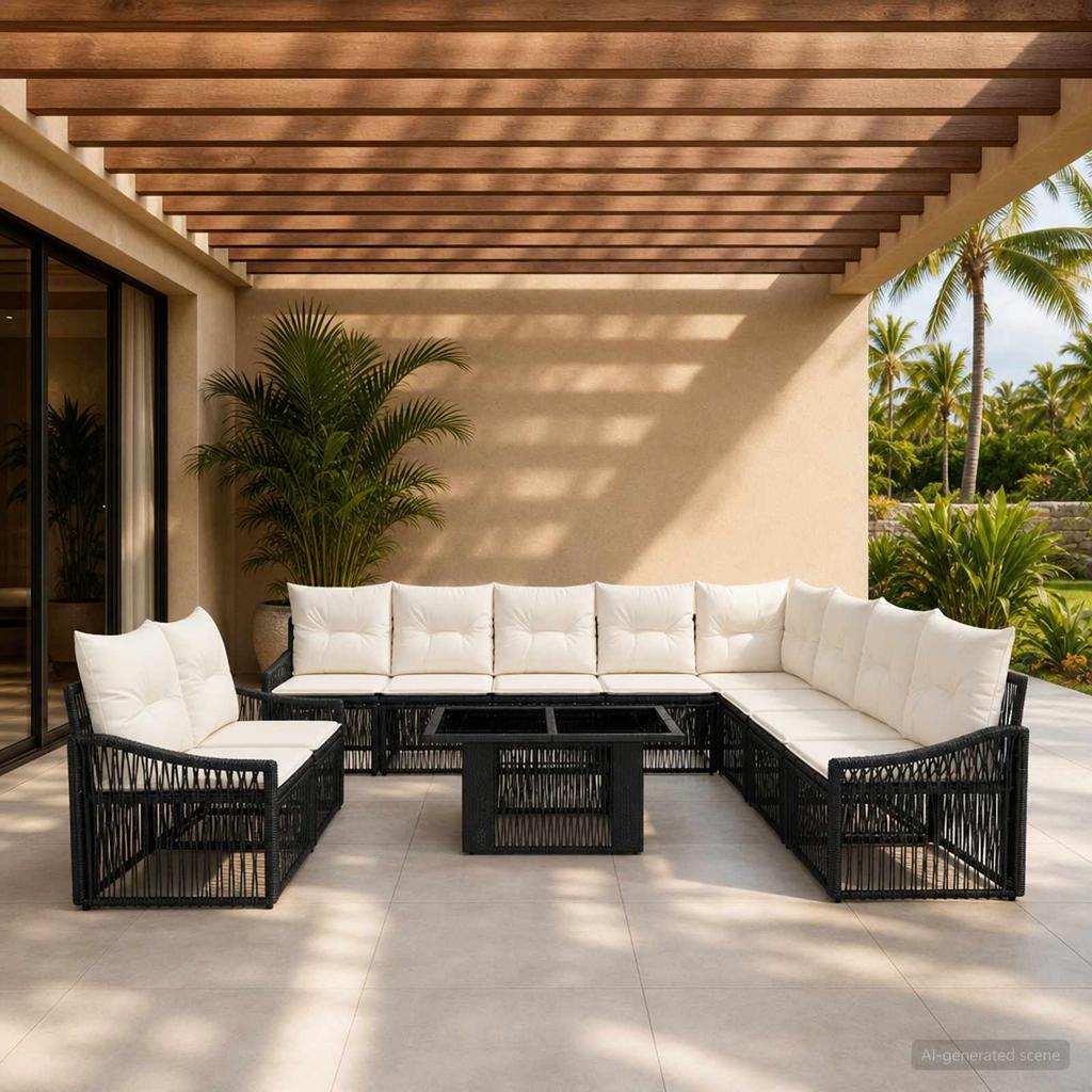 Garden Sofa Set 11 Pieces Black and Cream White Poly Rattan
