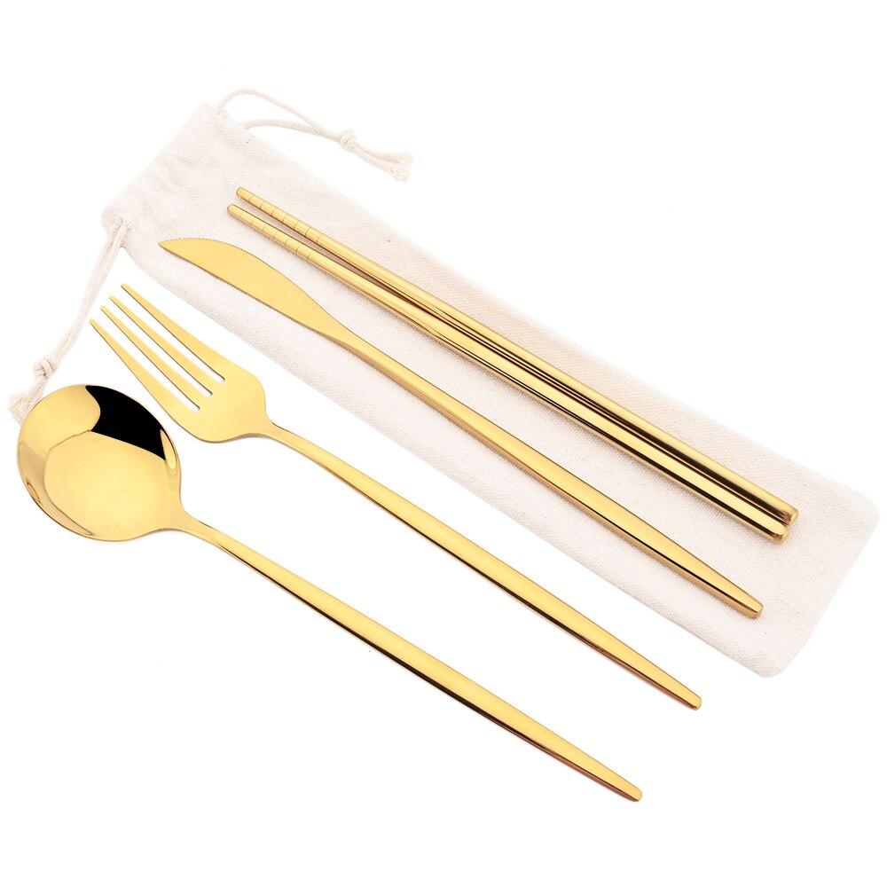 8Pcs/Set Portable Stainless Steel Dinnerware Set Travel Camping Spoon Fork Knife Chopsticks Straws Brush Tableware Flatware Set with Storage Bag