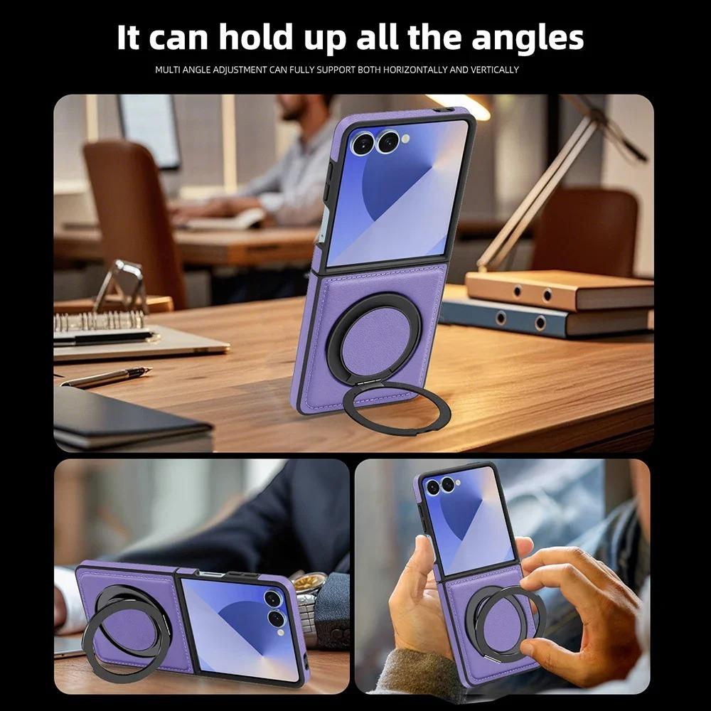 Vysoce kvalitní obchodní černý kožený stojánek na telefon pro Samsung Galaxy Z Flip 7 6 5 4 3 Magnetický držák Zadní ochranný kryt
