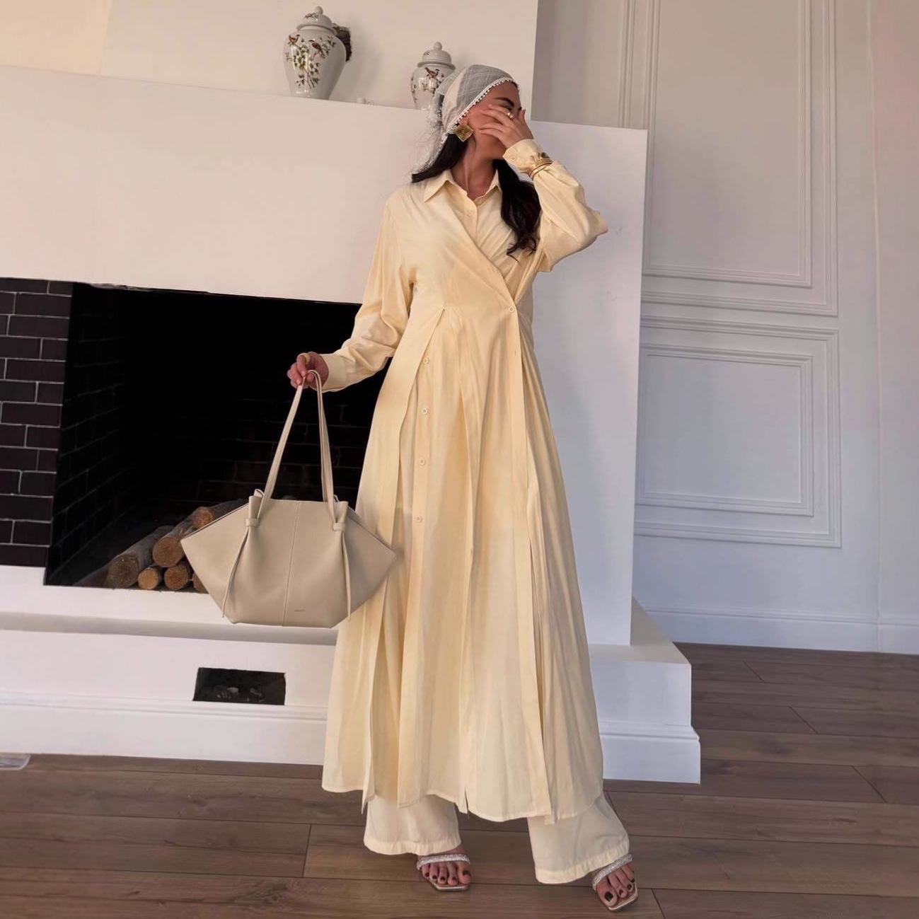 

European and American Women s V-neck Tie-up Ruched Sleeve Shirt Jacket Dress Pants Set, 2025 Fashion Collection M