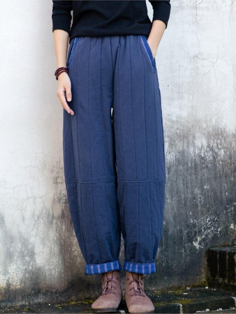 Johnature Women Warm Winter Straight Pants Cotton Linen Vintage Elastic Waist Trouser Solid Color Patchwork Pockets Pants