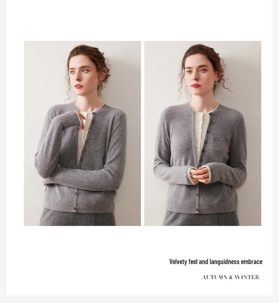 Women's Autumn/Winter Round Neck Single-Breasted Color-Block Cashmere Cardigan - Long Sleeve, Short Knit Sweater, Fake Two-Piece Design.