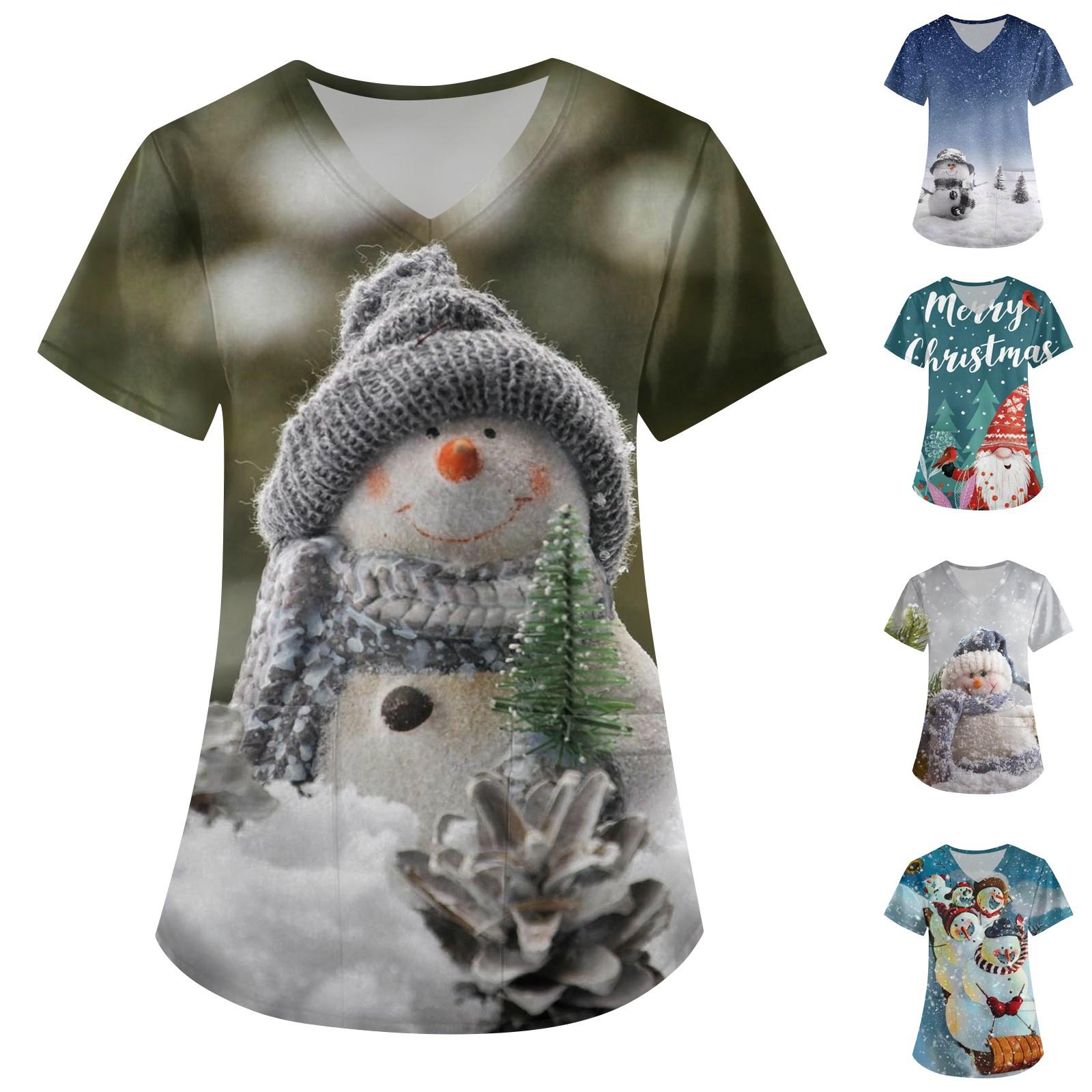 

Женская модная рабочая одежда с v-образным вырезом, короткими рукавами и карманами, топы с рождественским принтом S тёмно-синий