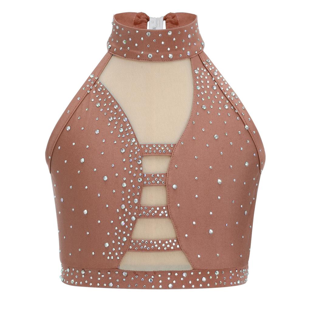 Girls Latin Dance Crop Top Halter Sleeveless Crisscross Back Mesh Patchwork Sparkling Rhinestones Vest